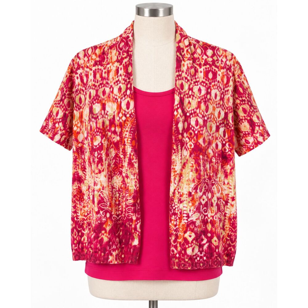 Chico’s Pink Ikat Print Cardigan Tank Top 2 Piece Sweater Set Size 2 L